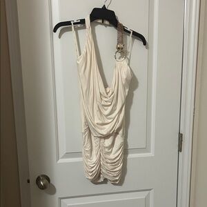 Sky Cream Draped Halter Mini Dress with Gold Ring